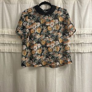 Forever 21 floral semi-sheer top, short sleeves, Peter Pan collar, size XL
